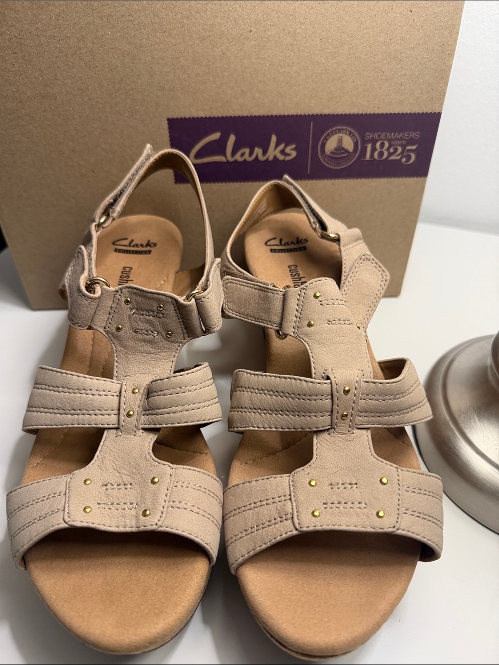 Clarks Women’s Tan Strappy Suede Sandals with Gold Studs
